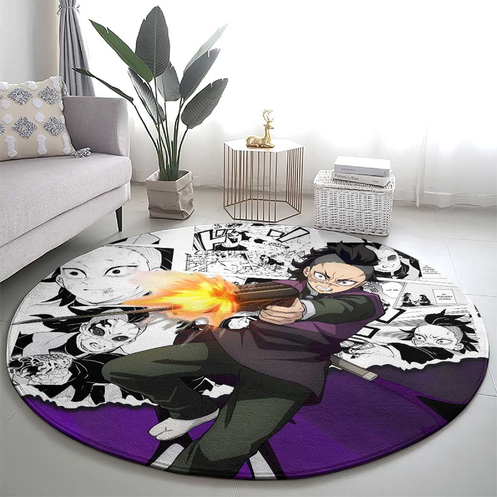 Genya Shinazugawa Demon Slayer Manga Panel Black and White Theme Round Carpet with Purple Accents and Gun Action Pose - The Mazicc