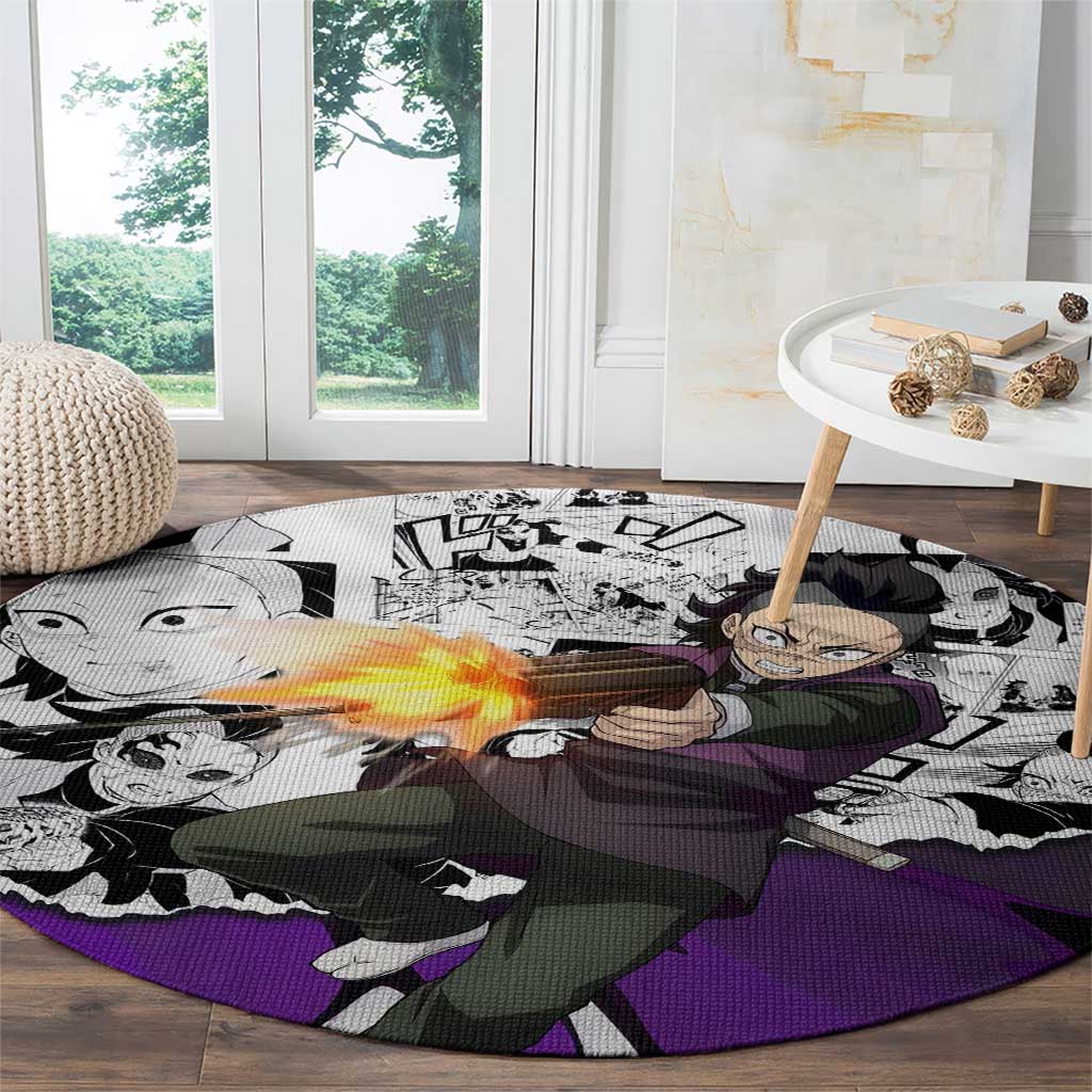 Genya Shinazugawa Demon Slayer Manga Panel Black and White Theme Round Carpet with Purple Accents and Gun Action Pose - The Mazicc