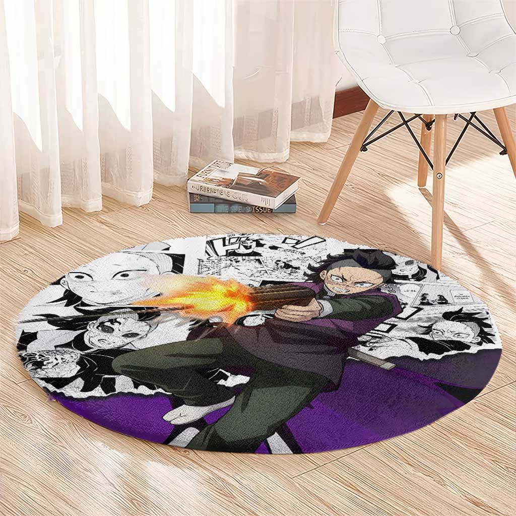 Genya Shinazugawa Demon Slayer Manga Panel Black and White Theme Round Carpet with Purple Accents and Gun Action Pose - The Mazicc