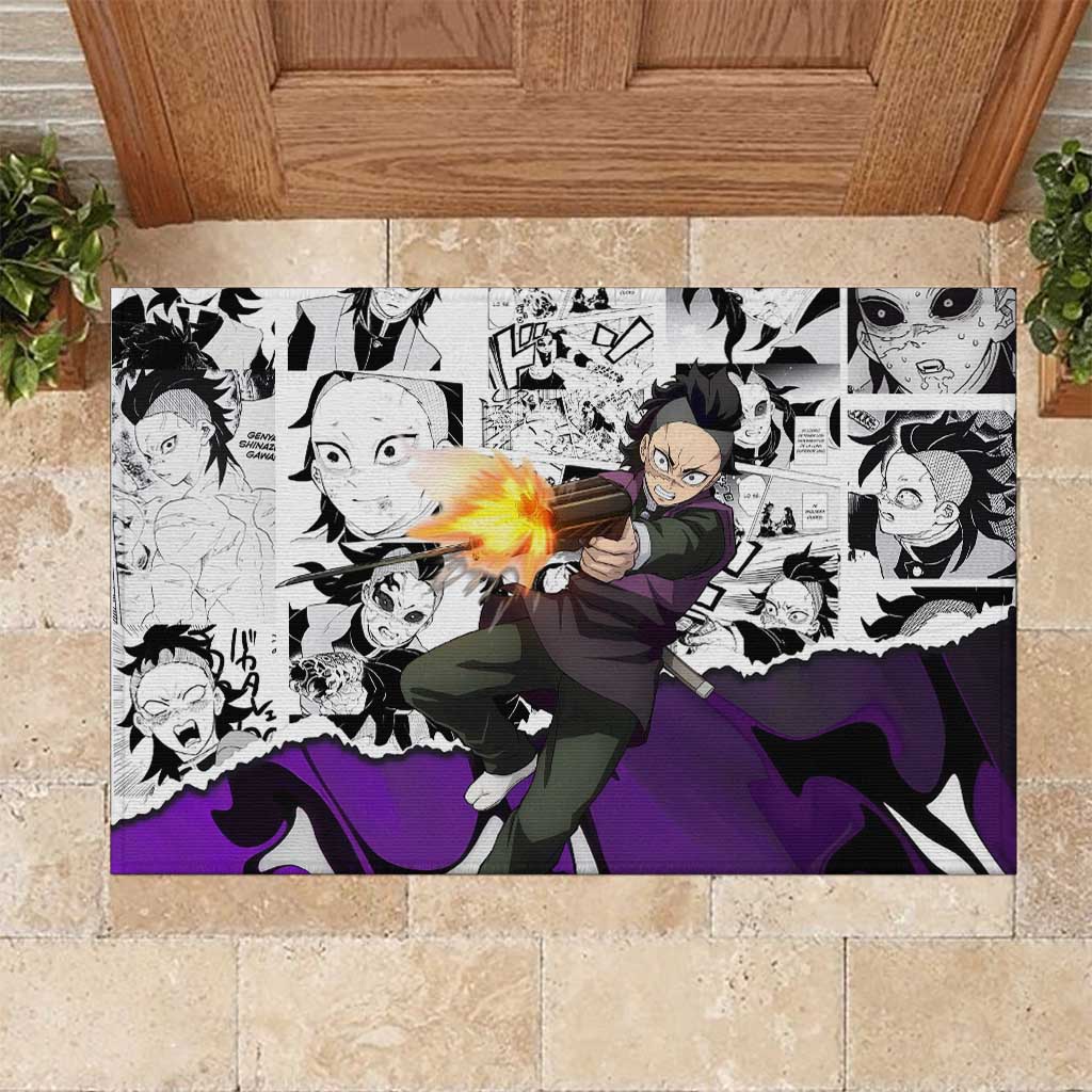Genya Shinazugawa Demon Slayer Manga Panel Black and White Theme Rubber Doormat with Purple Accents and Gun Action Pose - The Mazicc