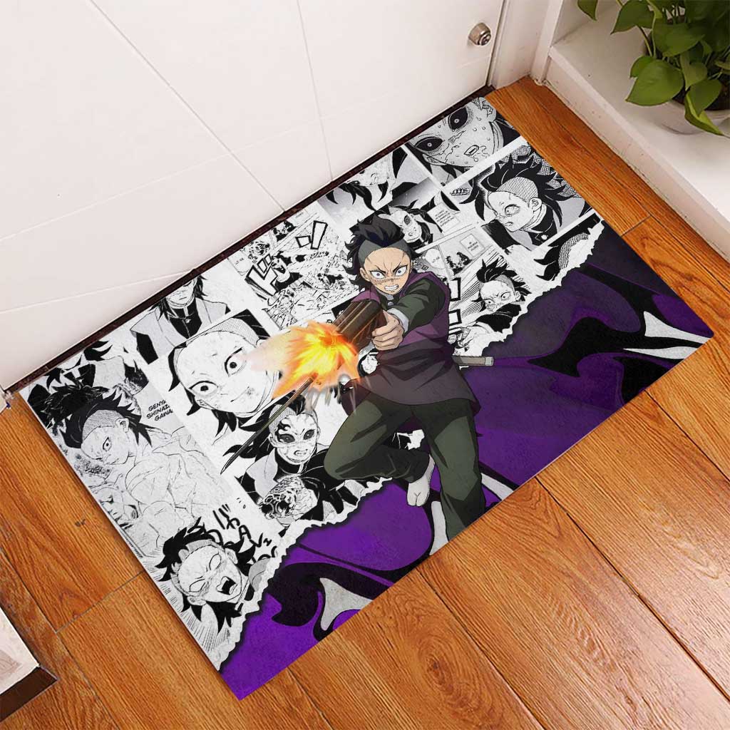 Genya Shinazugawa Demon Slayer Manga Panel Black and White Theme Rubber Doormat with Purple Accents and Gun Action Pose - The Mazicc
