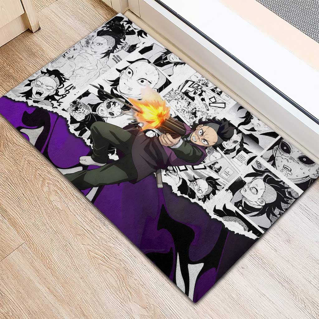 Genya Shinazugawa Demon Slayer Manga Panel Black and White Theme Rubber Doormat with Purple Accents and Gun Action Pose - The Mazicc
