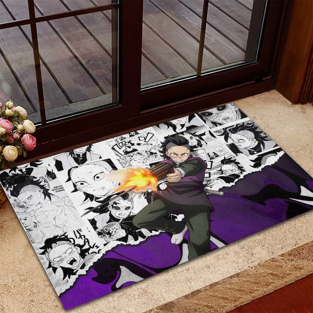 Genya Shinazugawa Demon Slayer Manga Panel Black and White Theme Rubber Doormat with Purple Accents and Gun Action Pose - The Mazicc
