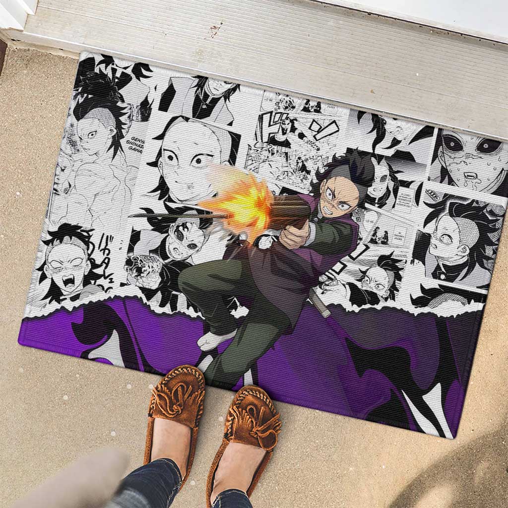 Genya Shinazugawa Demon Slayer Manga Panel Black and White Theme Rubber Doormat with Purple Accents and Gun Action Pose - The Mazicc