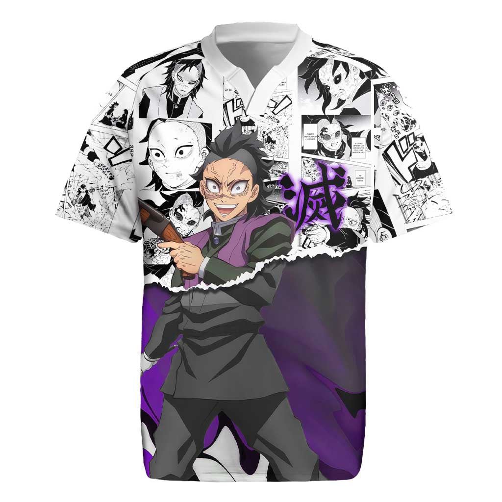 Genya Shinazugawa Demon Slayer Manga Panel Black and White Theme Rugby Jersey with Purple Accents and Gun Action Pose - The Mazicc