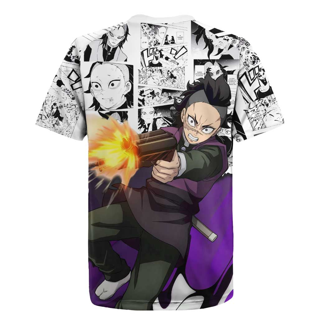 Genya Shinazugawa Demon Slayer Manga Panel Black and White Theme Rugby Jersey with Purple Accents and Gun Action Pose - The Mazicc