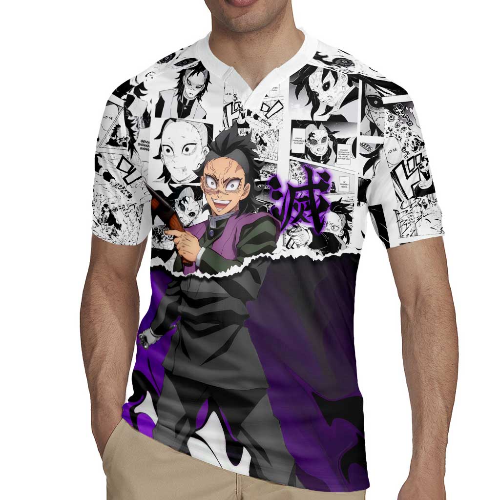 Genya Shinazugawa Demon Slayer Manga Panel Black and White Theme Rugby Jersey with Purple Accents and Gun Action Pose - The Mazicc