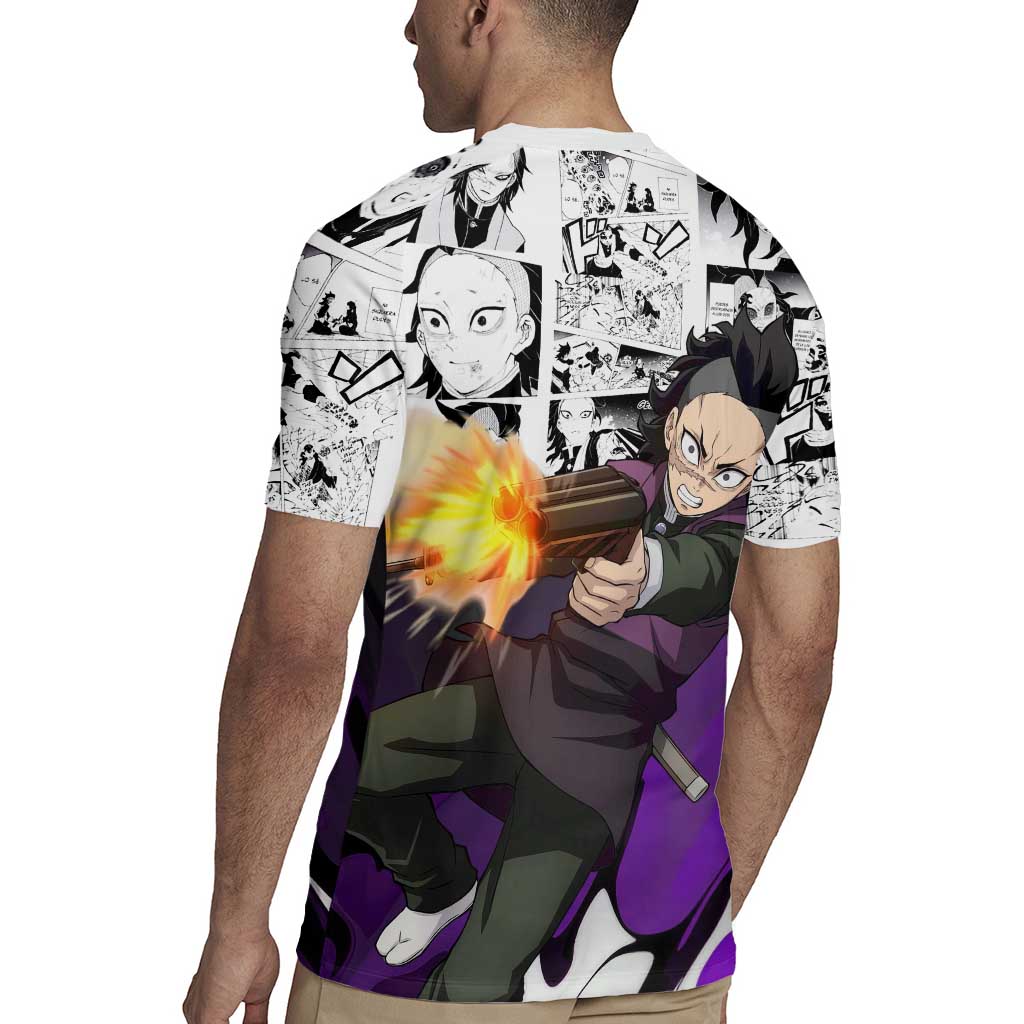 Genya Shinazugawa Demon Slayer Manga Panel Black and White Theme Rugby Jersey with Purple Accents and Gun Action Pose - The Mazicc