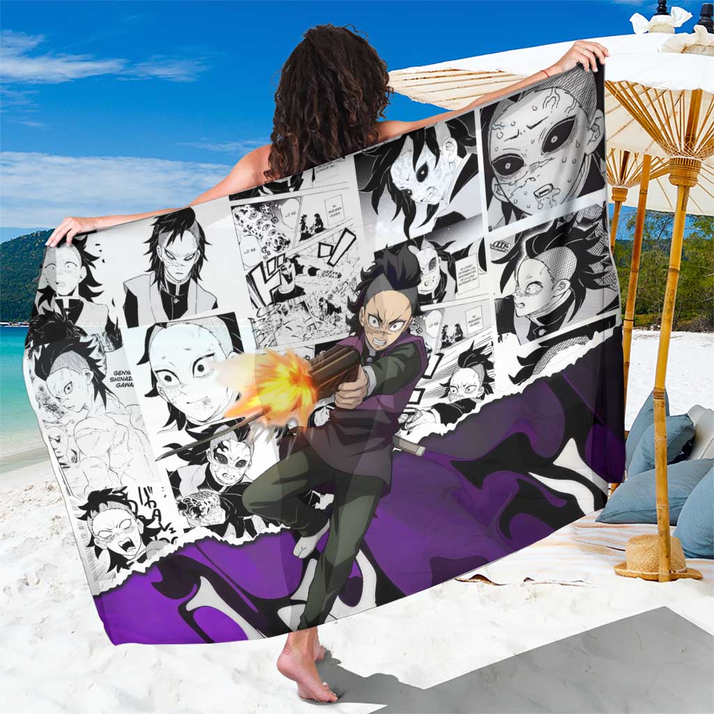 Genya Shinazugawa Demon Slayer Manga Panel Black and White Theme Sarong with Purple Accents and Gun Action Pose - The Mazicc