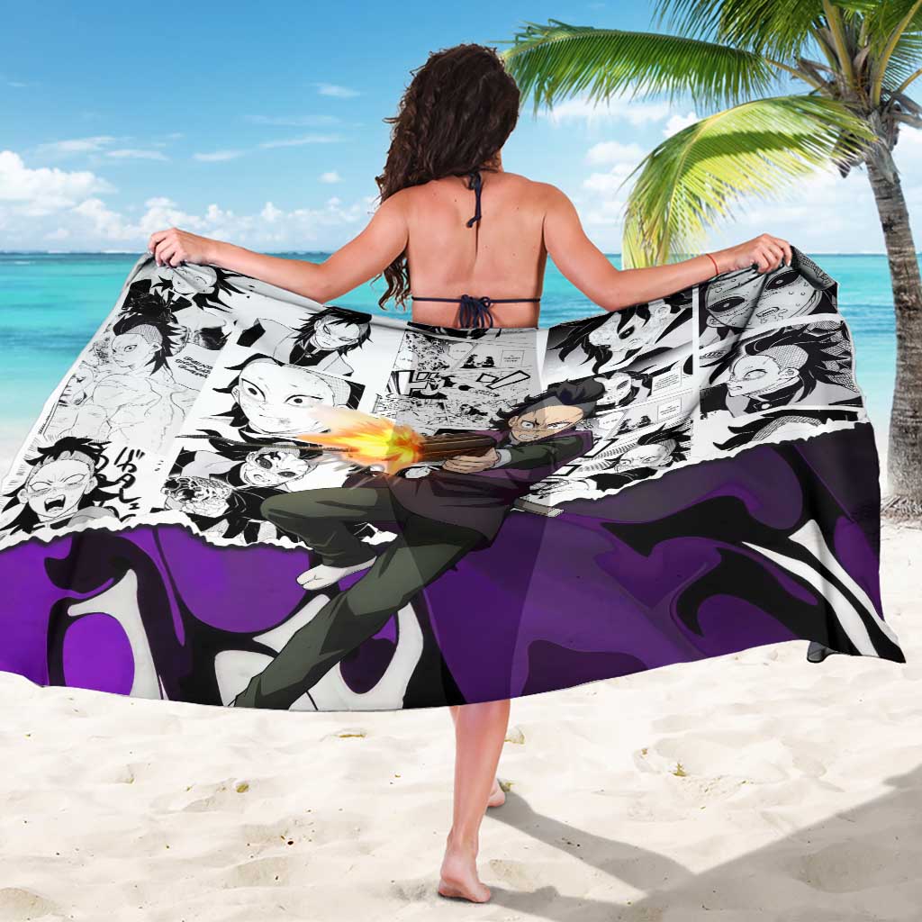 Genya Shinazugawa Demon Slayer Manga Panel Black and White Theme Sarong with Purple Accents and Gun Action Pose - The Mazicc