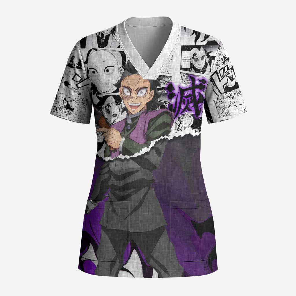 Genya Shinazugawa Demon Slayer Manga Panel Black and White Theme Scrub Top with Purple Accents and Gun Action Pose - The Mazicc