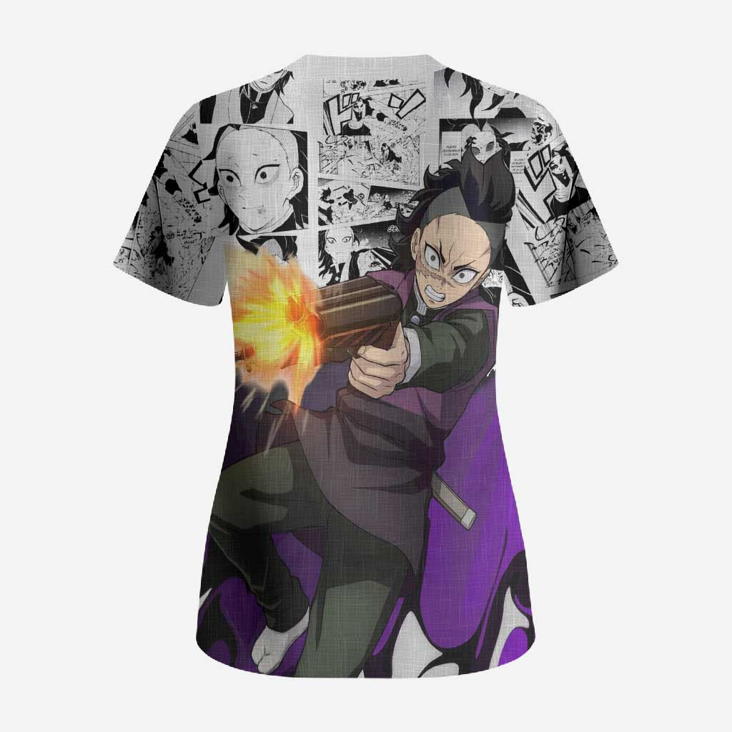Genya Shinazugawa Demon Slayer Manga Panel Black and White Theme Scrub Top with Purple Accents and Gun Action Pose - The Mazicc