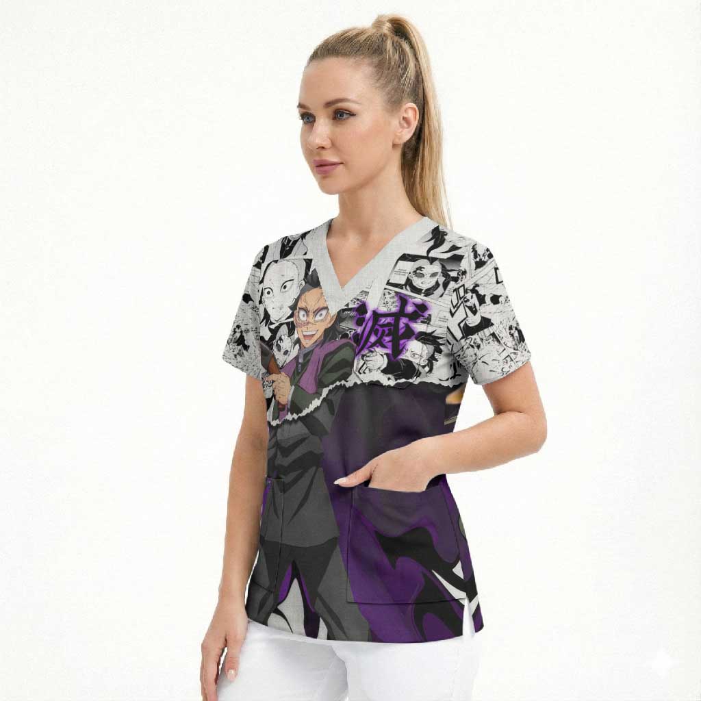 Genya Shinazugawa Demon Slayer Manga Panel Black and White Theme Scrub Top with Purple Accents and Gun Action Pose - The Mazicc