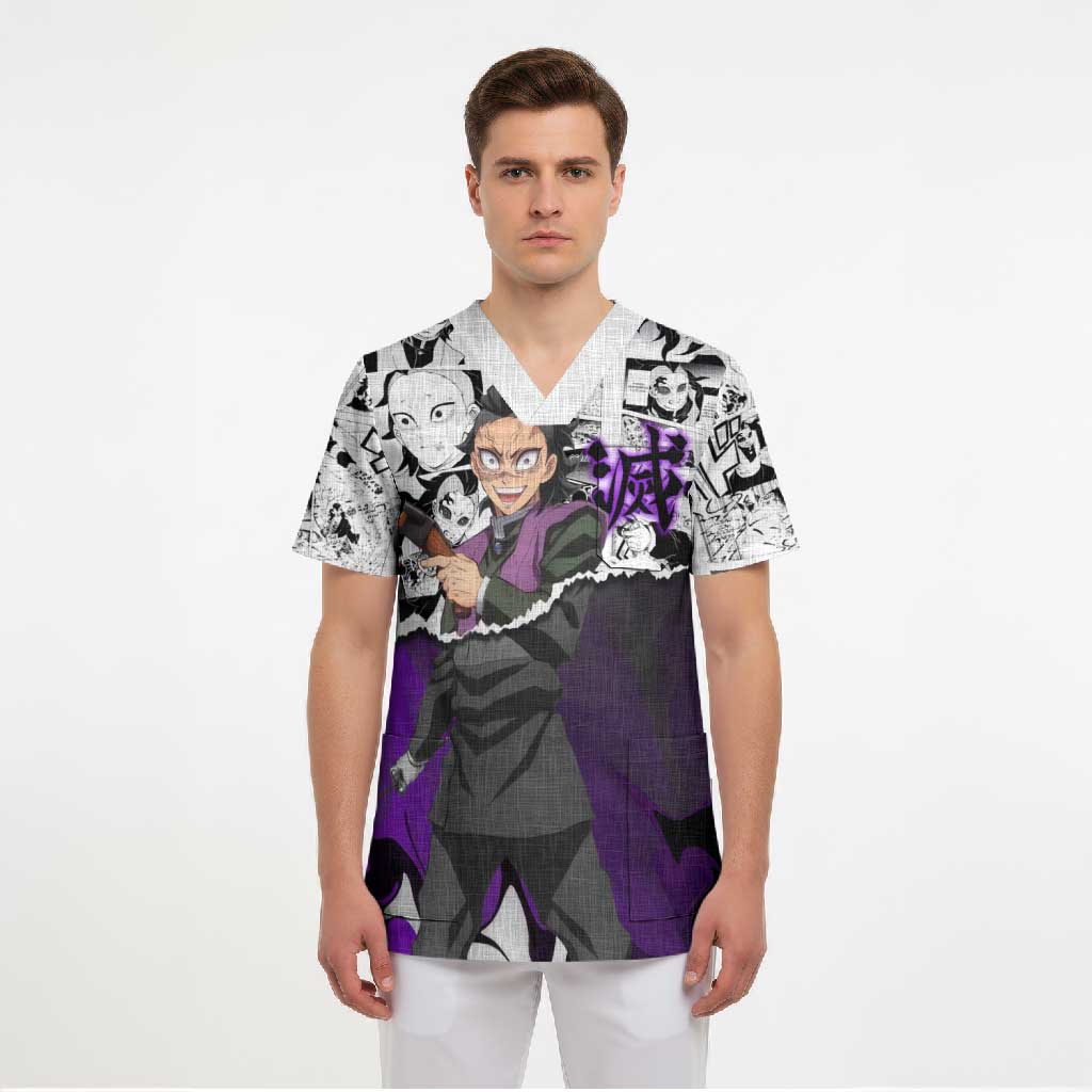Genya Shinazugawa Demon Slayer Manga Panel Black and White Theme Scrub Top with Purple Accents and Gun Action Pose - The Mazicc