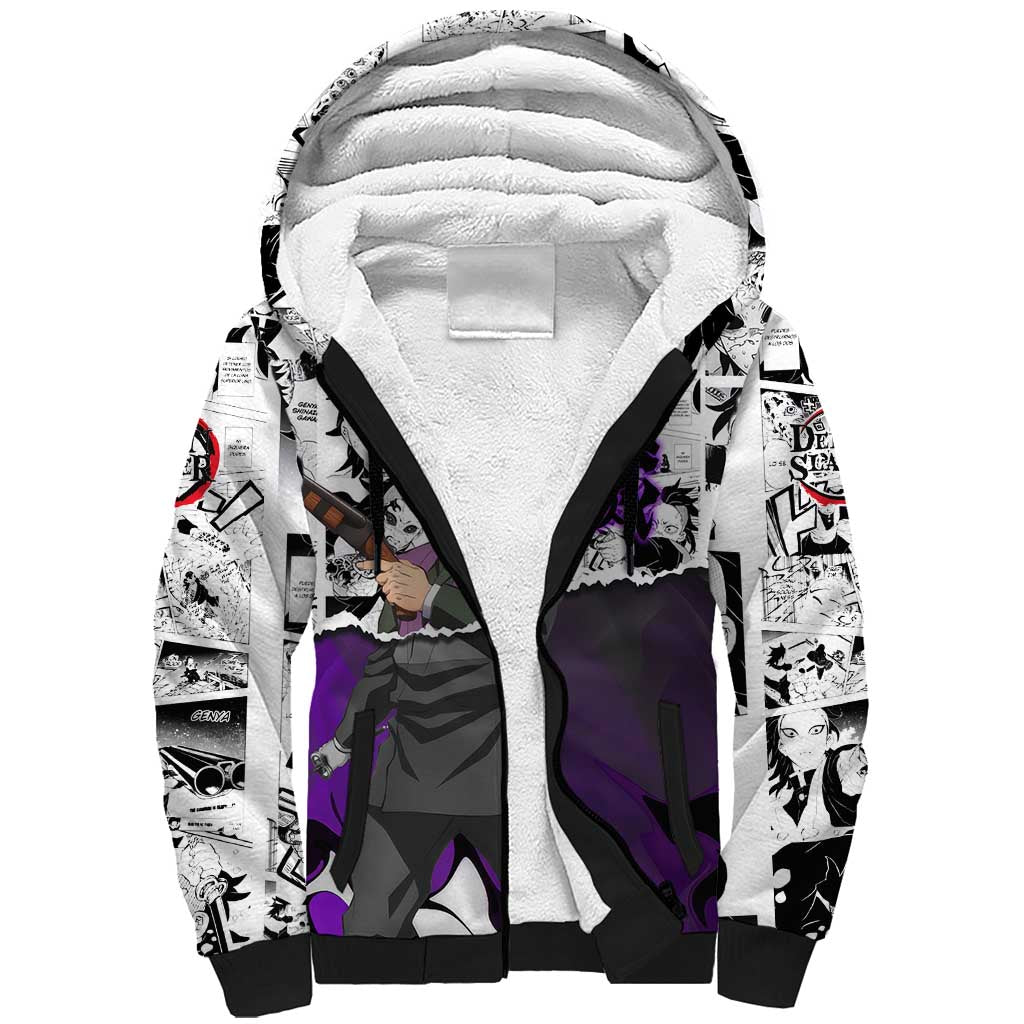 Genya Shinazugawa Demon Slayer Manga Panel Black and White Theme Sherpa Hoodie with Purple Accents and Gun Action Pose - The Mazicc