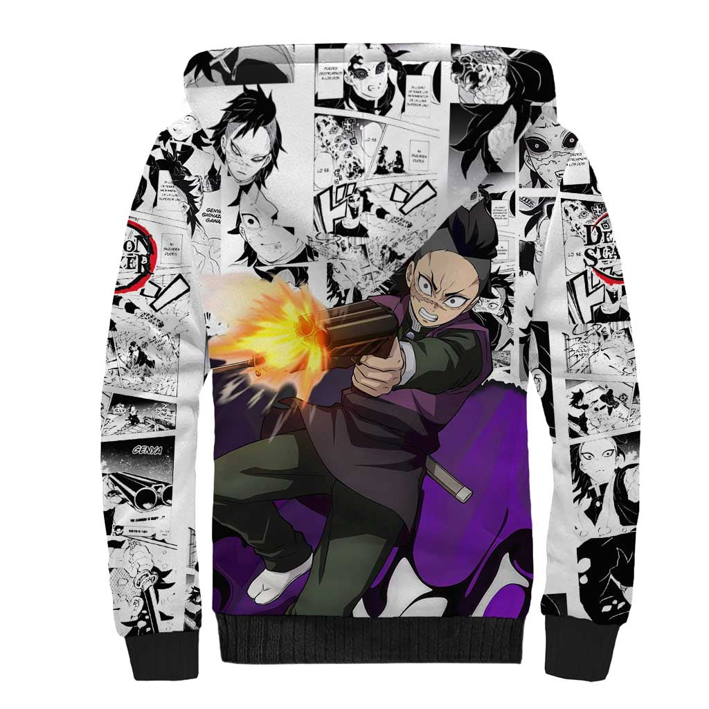 Genya Shinazugawa Demon Slayer Manga Panel Black and White Theme Sherpa Hoodie with Purple Accents and Gun Action Pose - The Mazicc