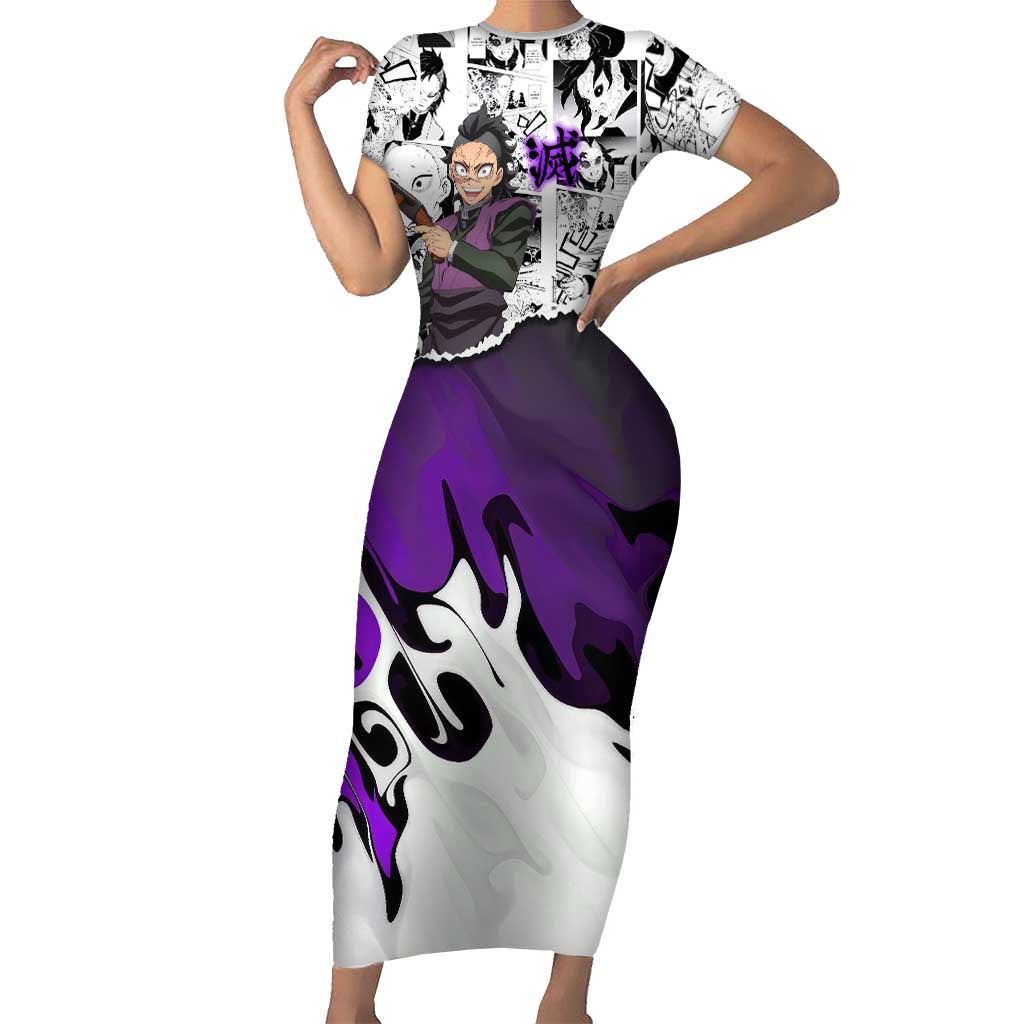 Genya Shinazugawa Demon Slayer Manga Panel Black and White Theme Short Sleeve Bodycon Dress with Purple Accents and Gun Action Pose - The Mazicc