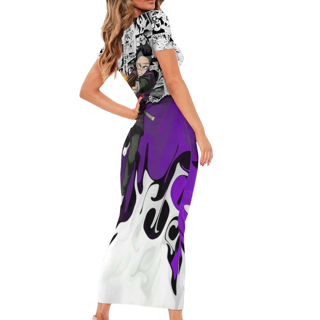 Genya Shinazugawa Demon Slayer Manga Panel Black and White Theme Short Sleeve Bodycon Dress with Purple Accents and Gun Action Pose - The Mazicc