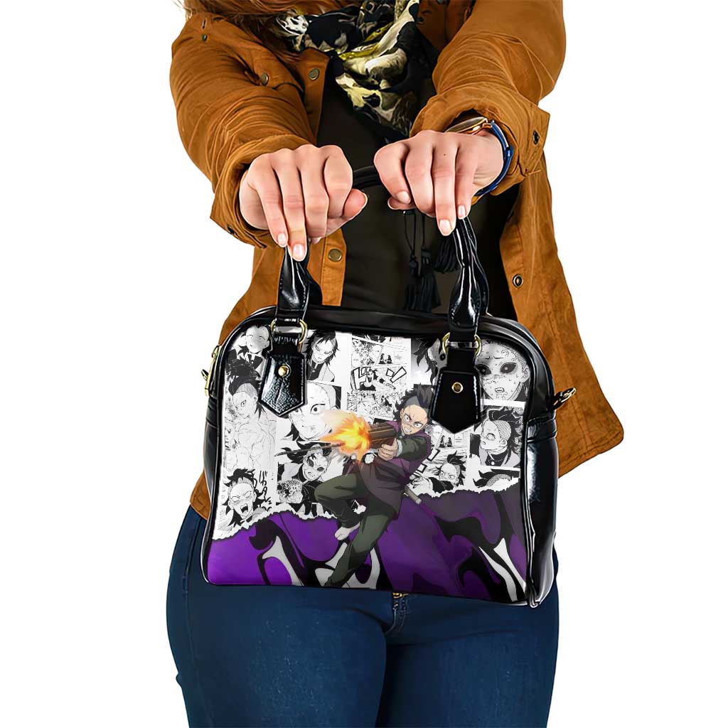 Genya Shinazugawa Demon Slayer Manga Panel Black and White Theme Shoulder Handbag with Purple Accents and Gun Action Pose - The Mazicc