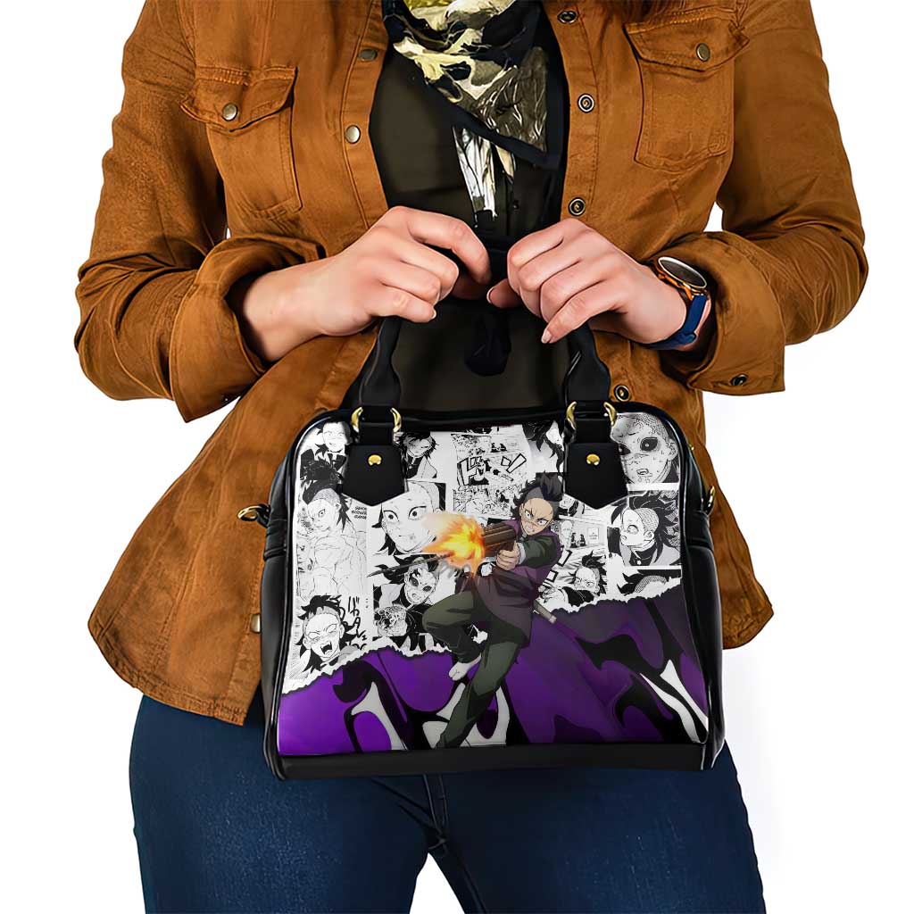 Genya Shinazugawa Demon Slayer Manga Panel Black and White Theme Shoulder Handbag with Purple Accents and Gun Action Pose - The Mazicc
