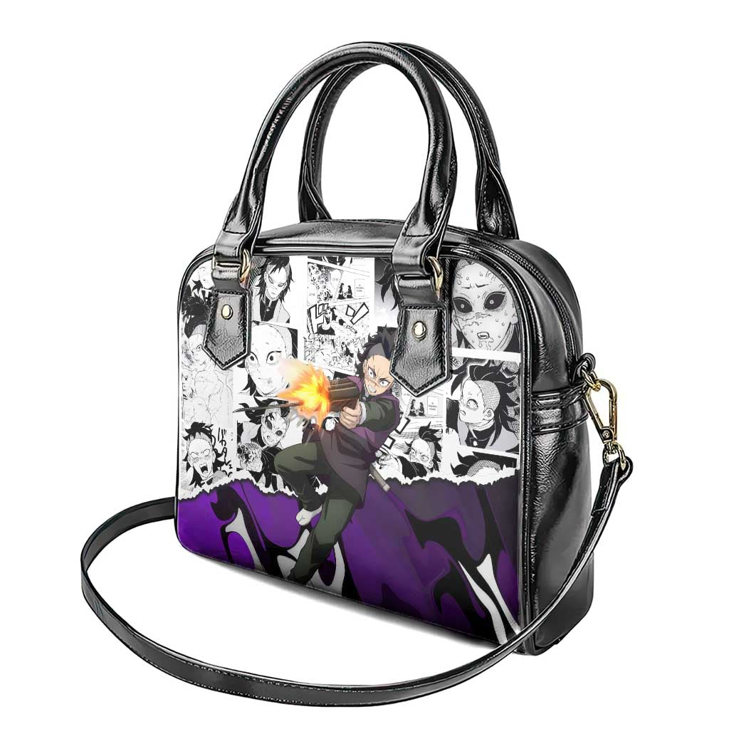 Genya Shinazugawa Demon Slayer Manga Panel Black and White Theme Shoulder Handbag with Purple Accents and Gun Action Pose - The Mazicc