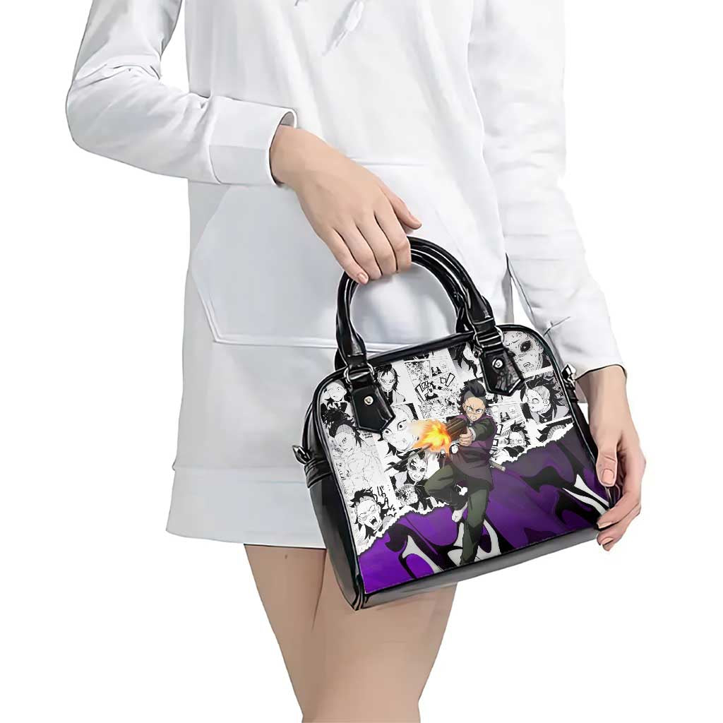 Genya Shinazugawa Demon Slayer Manga Panel Black and White Theme Shoulder Handbag with Purple Accents and Gun Action Pose - The Mazicc