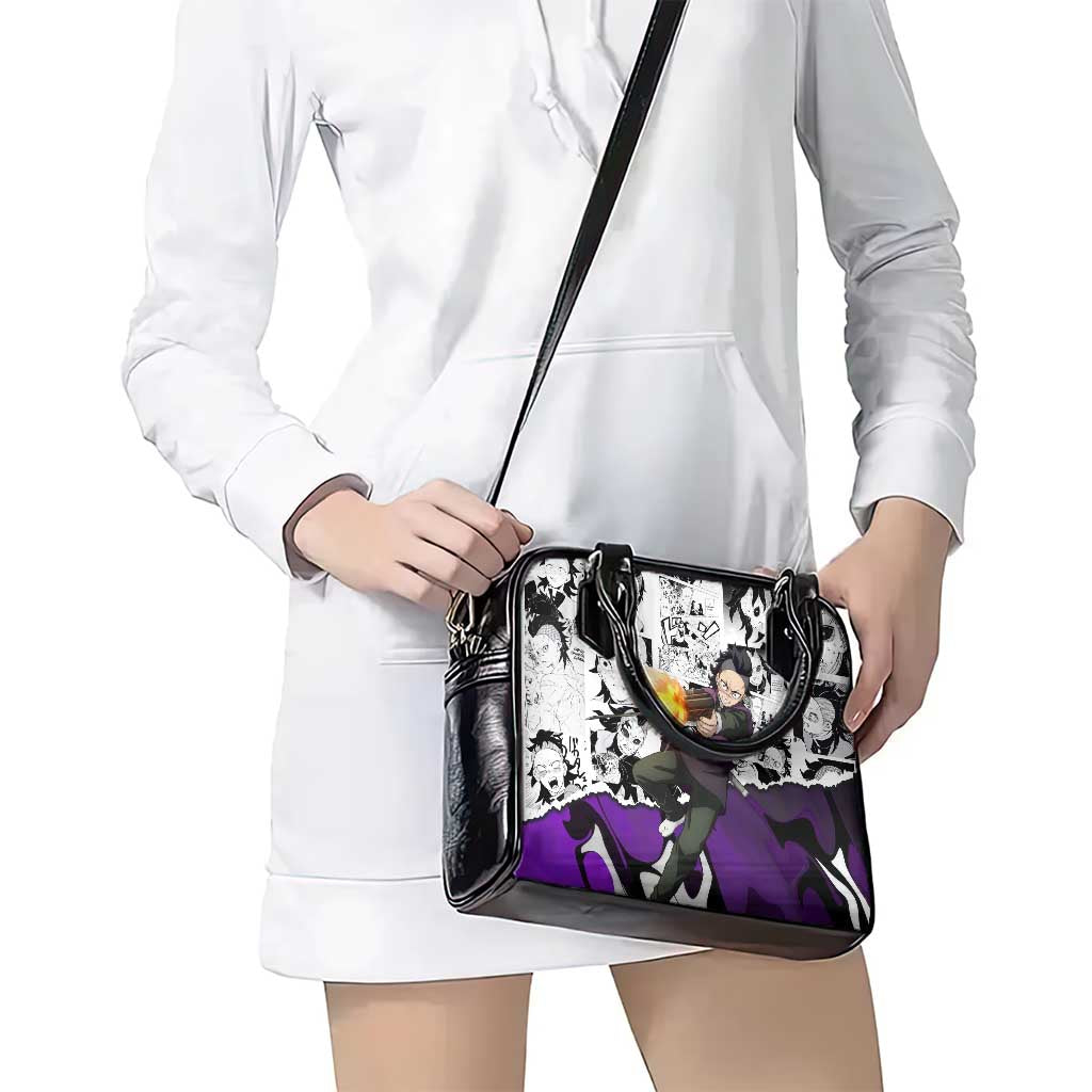 Genya Shinazugawa Demon Slayer Manga Panel Black and White Theme Shoulder Handbag with Purple Accents and Gun Action Pose - The Mazicc