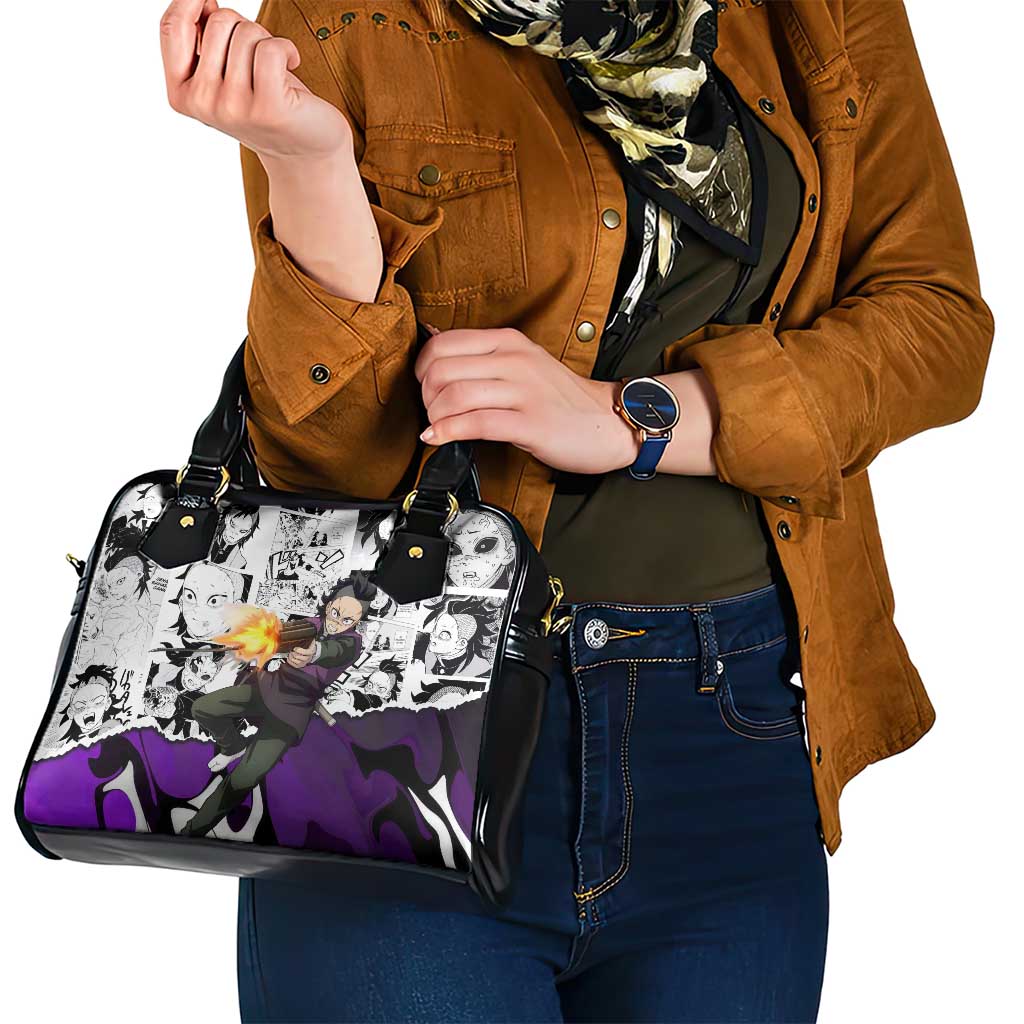 Genya Shinazugawa Demon Slayer Manga Panel Black and White Theme Shoulder Handbag with Purple Accents and Gun Action Pose - The Mazicc