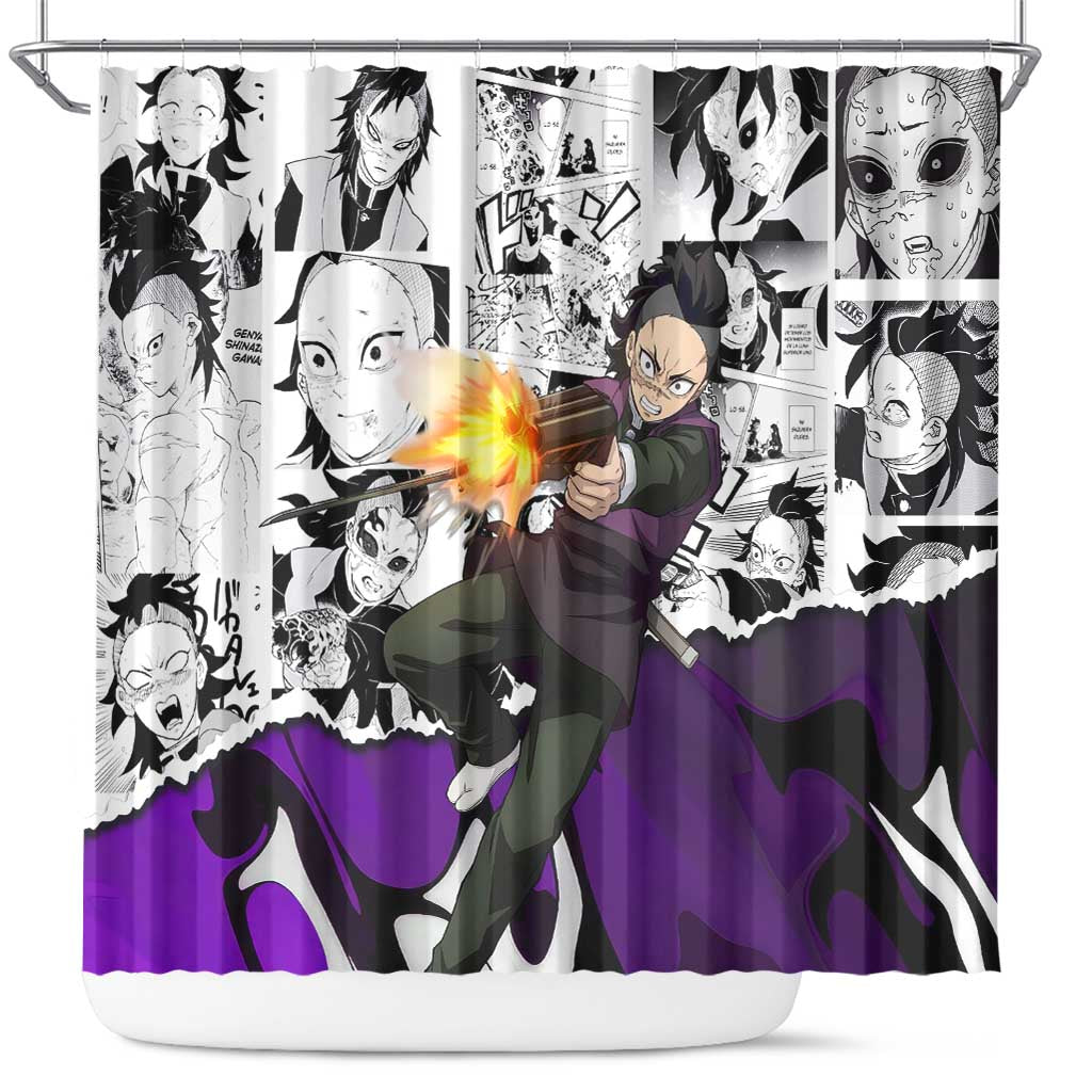 Genya Shinazugawa Demon Slayer Manga Panel Black and White Theme Shower Curtain with Purple Accents and Gun Action Pose - The Mazicc