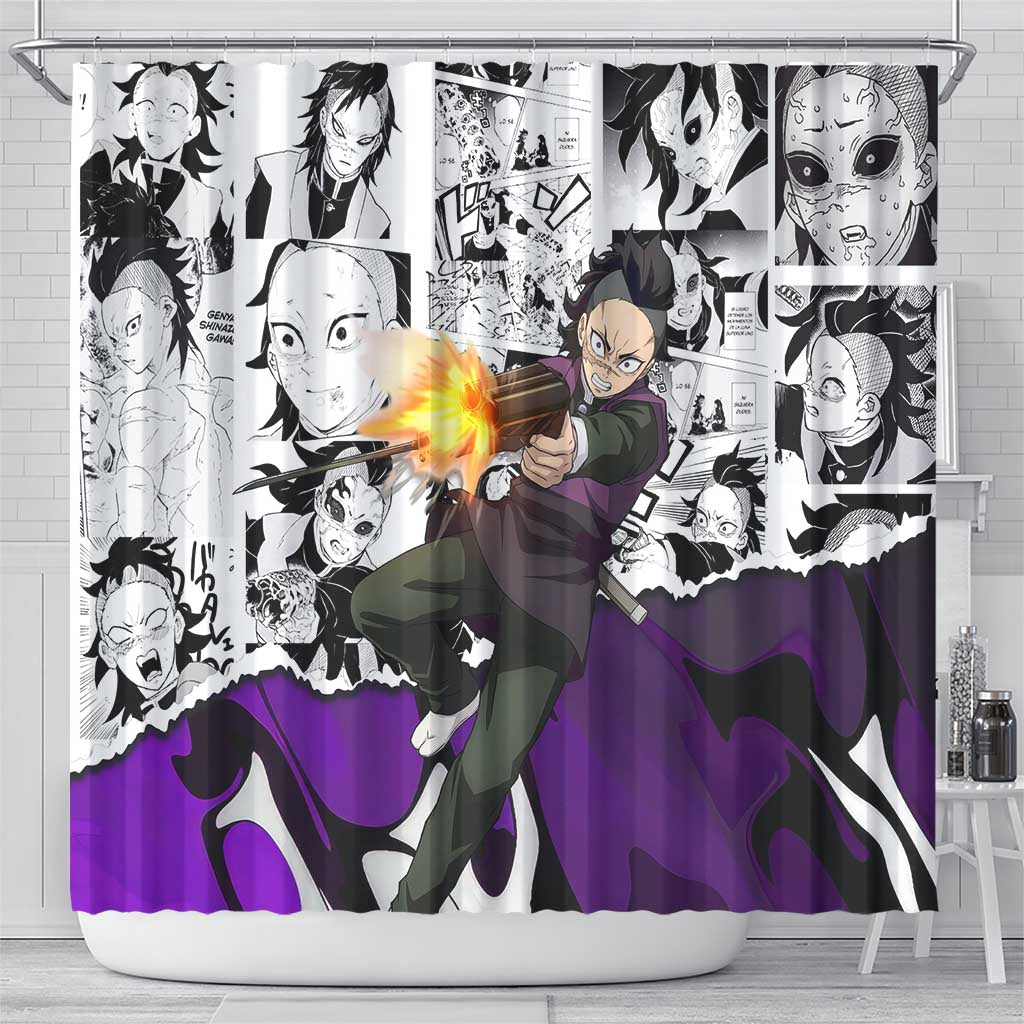 Genya Shinazugawa Demon Slayer Manga Panel Black and White Theme Shower Curtain with Purple Accents and Gun Action Pose - The Mazicc