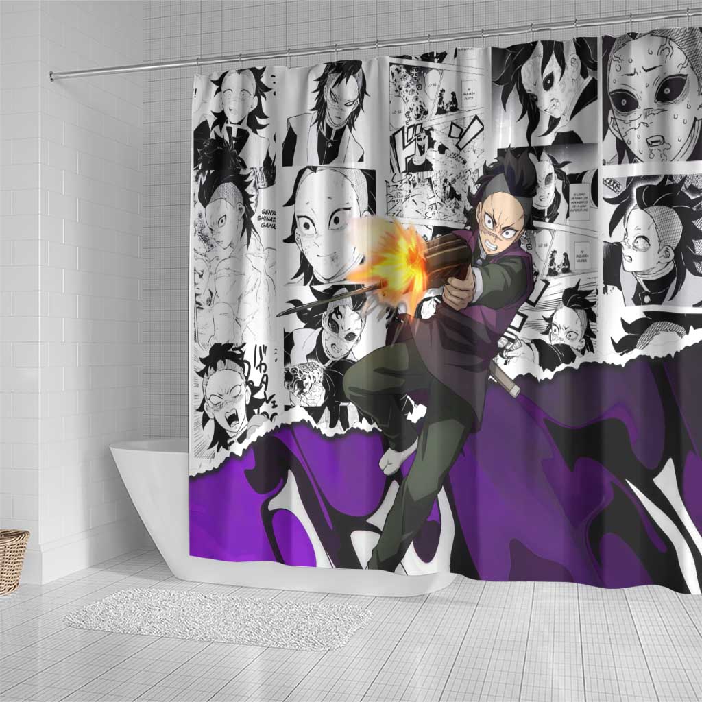Genya Shinazugawa Demon Slayer Manga Panel Black and White Theme Shower Curtain with Purple Accents and Gun Action Pose - The Mazicc