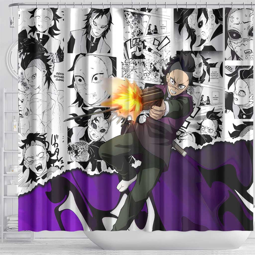 Genya Shinazugawa Demon Slayer Manga Panel Black and White Theme Shower Curtain with Purple Accents and Gun Action Pose - The Mazicc