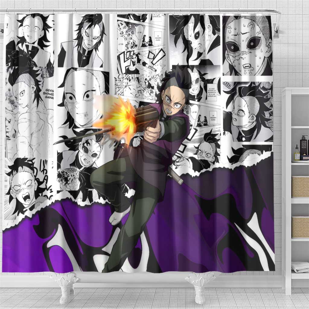 Genya Shinazugawa Demon Slayer Manga Panel Black and White Theme Shower Curtain with Purple Accents and Gun Action Pose - The Mazicc