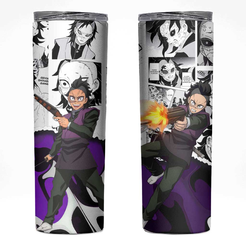 Genya Shinazugawa Demon Slayer Manga Panel Black and White Theme Skinny Tumbler with Purple Accents and Gun Action Pose - The Mazicc