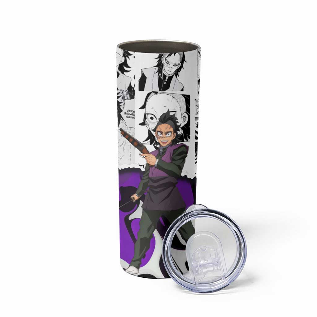 Genya Shinazugawa Demon Slayer Manga Panel Black and White Theme Skinny Tumbler with Purple Accents and Gun Action Pose - The Mazicc