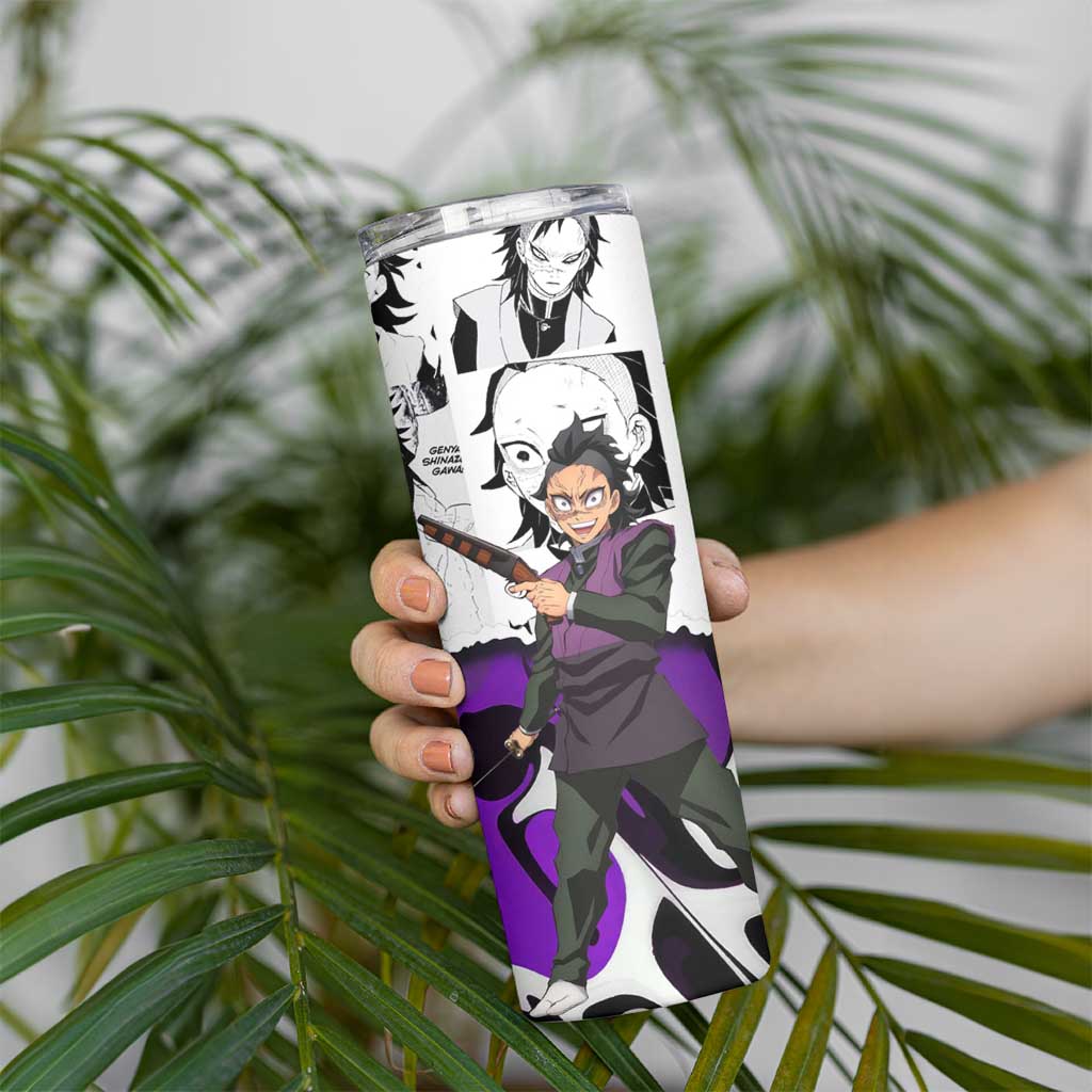 Genya Shinazugawa Demon Slayer Manga Panel Black and White Theme Skinny Tumbler with Purple Accents and Gun Action Pose - The Mazicc