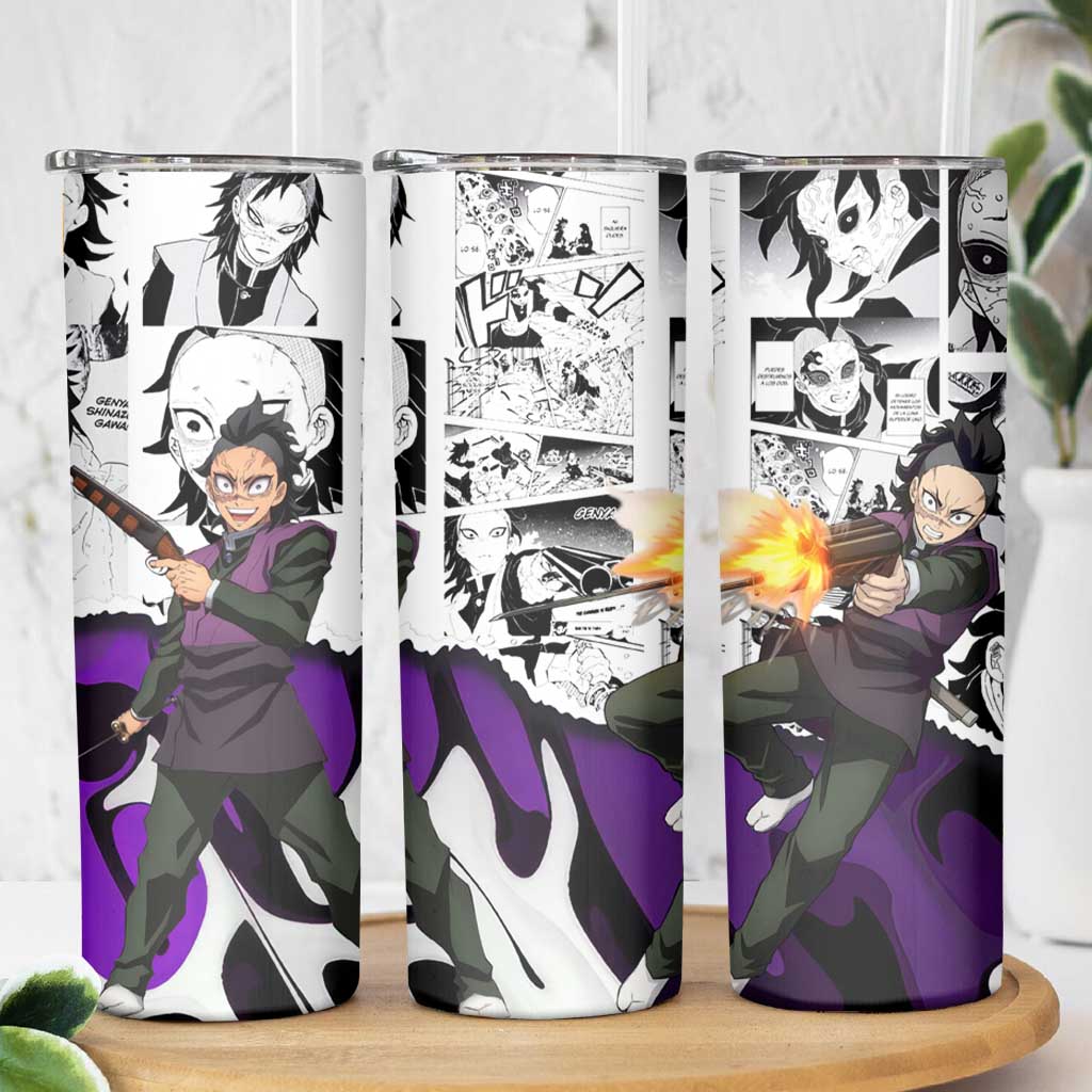 Genya Shinazugawa Demon Slayer Manga Panel Black and White Theme Skinny Tumbler with Purple Accents and Gun Action Pose - The Mazicc