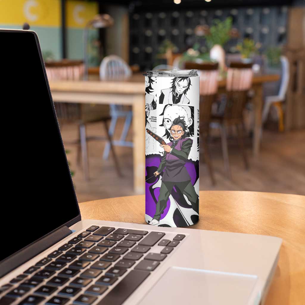 Genya Shinazugawa Demon Slayer Manga Panel Black and White Theme Skinny Tumbler with Purple Accents and Gun Action Pose - The Mazicc