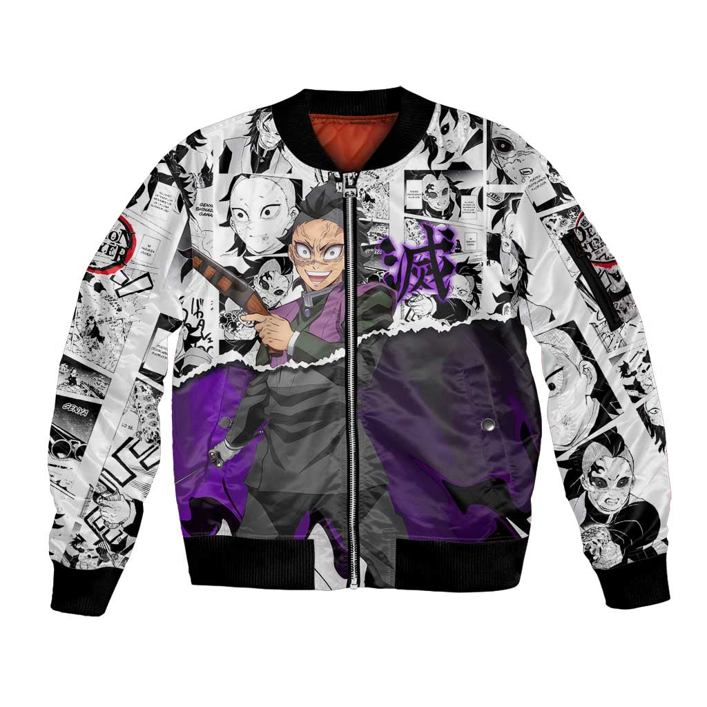 Genya Shinazugawa Demon Slayer Manga Panel Black and White Theme Sleeve Zip Bomber Jacket with Purple Accents and Gun Action Pose - The Mazicc