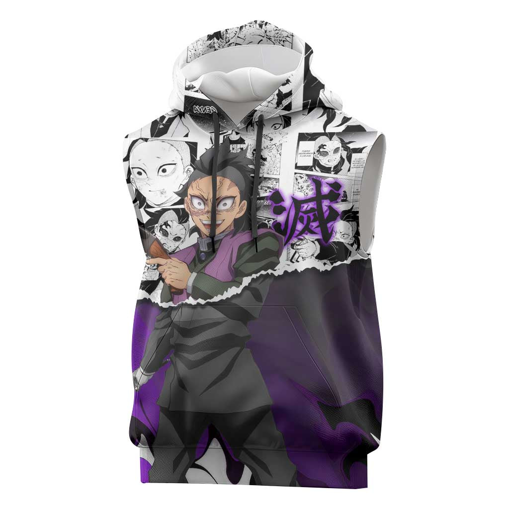 Genya Shinazugawa Demon Slayer Manga Panel Black and White Theme Sleeveless Hoodie with Purple Accents and Gun Action Pose - The Mazicc