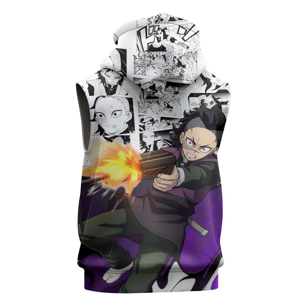 Genya Shinazugawa Demon Slayer Manga Panel Black and White Theme Sleeveless Hoodie with Purple Accents and Gun Action Pose - The Mazicc