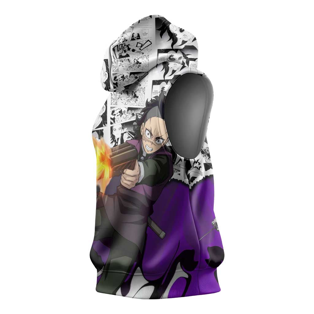 Genya Shinazugawa Demon Slayer Manga Panel Black and White Theme Sleeveless Hoodie with Purple Accents and Gun Action Pose - The Mazicc