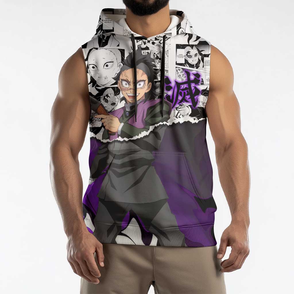 Genya Shinazugawa Demon Slayer Manga Panel Black and White Theme Sleeveless Hoodie with Purple Accents and Gun Action Pose - The Mazicc