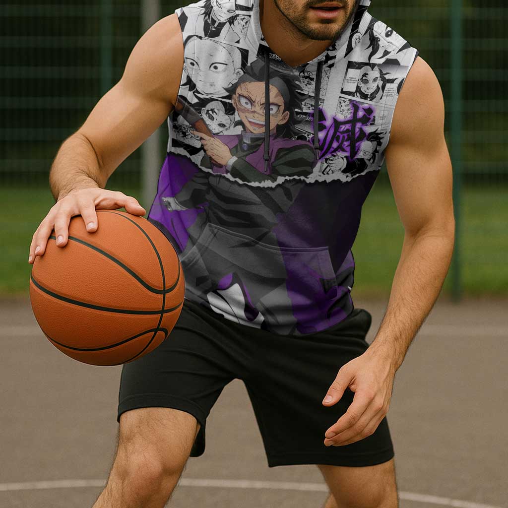 Genya Shinazugawa Demon Slayer Manga Panel Black and White Theme Sleeveless Hoodie with Purple Accents and Gun Action Pose - The Mazicc