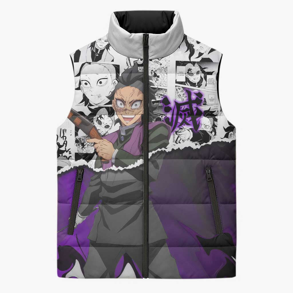 Genya Shinazugawa Demon Slayer Manga Panel Black and White Theme Sleeveless Puffer Jacket with Purple Accents and Gun Action Pose - The Mazicc