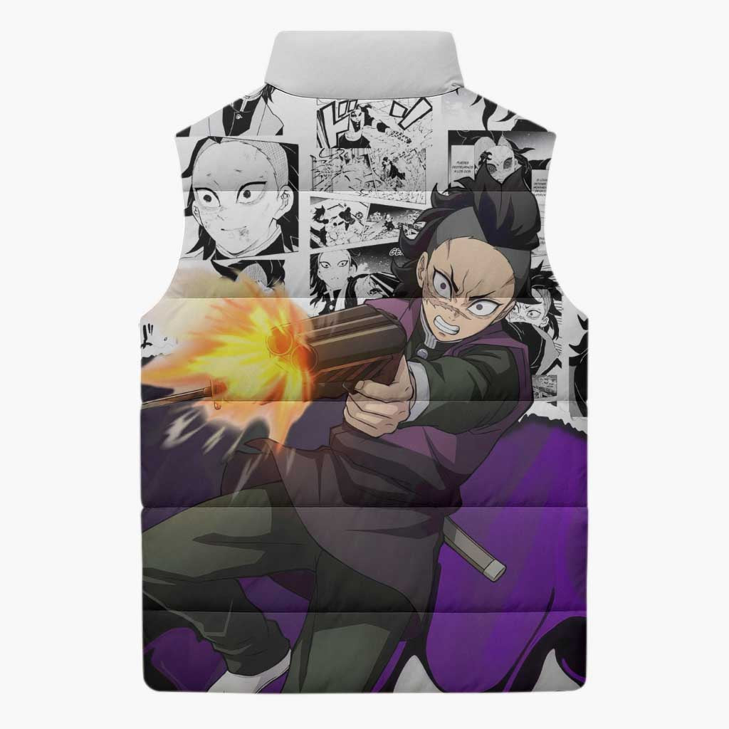 Genya Shinazugawa Demon Slayer Manga Panel Black and White Theme Sleeveless Puffer Jacket with Purple Accents and Gun Action Pose - The Mazicc