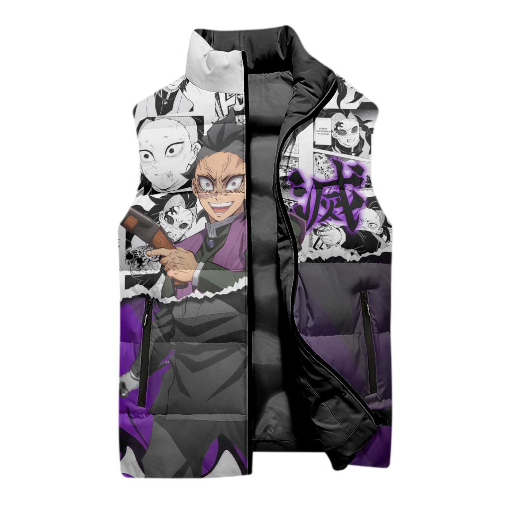 Genya Shinazugawa Demon Slayer Manga Panel Black and White Theme Sleeveless Puffer Jacket with Purple Accents and Gun Action Pose - The Mazicc