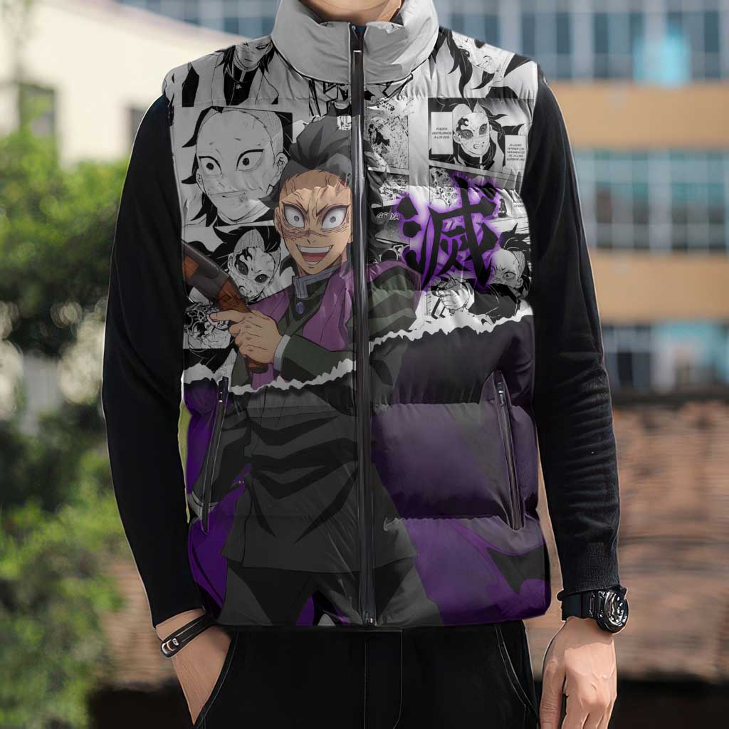 Genya Shinazugawa Demon Slayer Manga Panel Black and White Theme Sleeveless Puffer Jacket with Purple Accents and Gun Action Pose - The Mazicc
