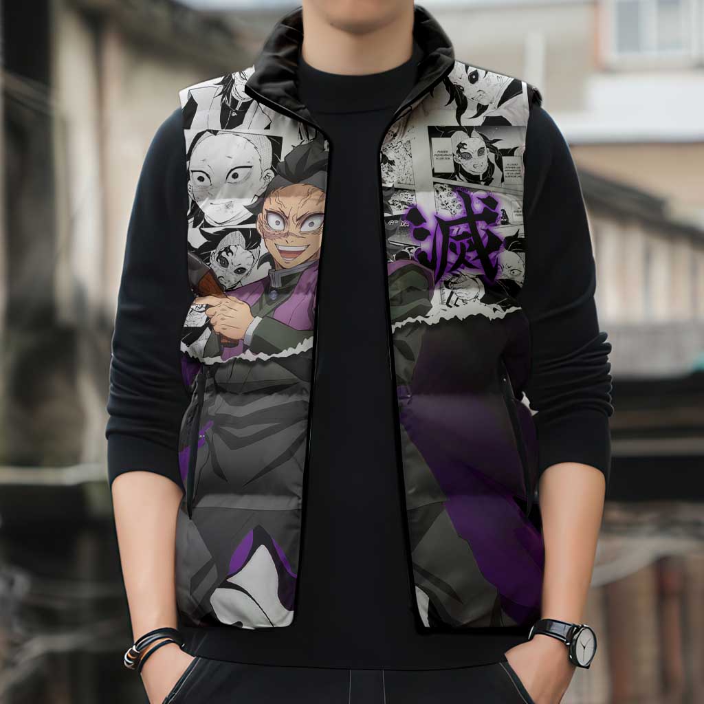 Genya Shinazugawa Demon Slayer Manga Panel Black and White Theme Sleeveless Puffer Jacket with Purple Accents and Gun Action Pose - The Mazicc