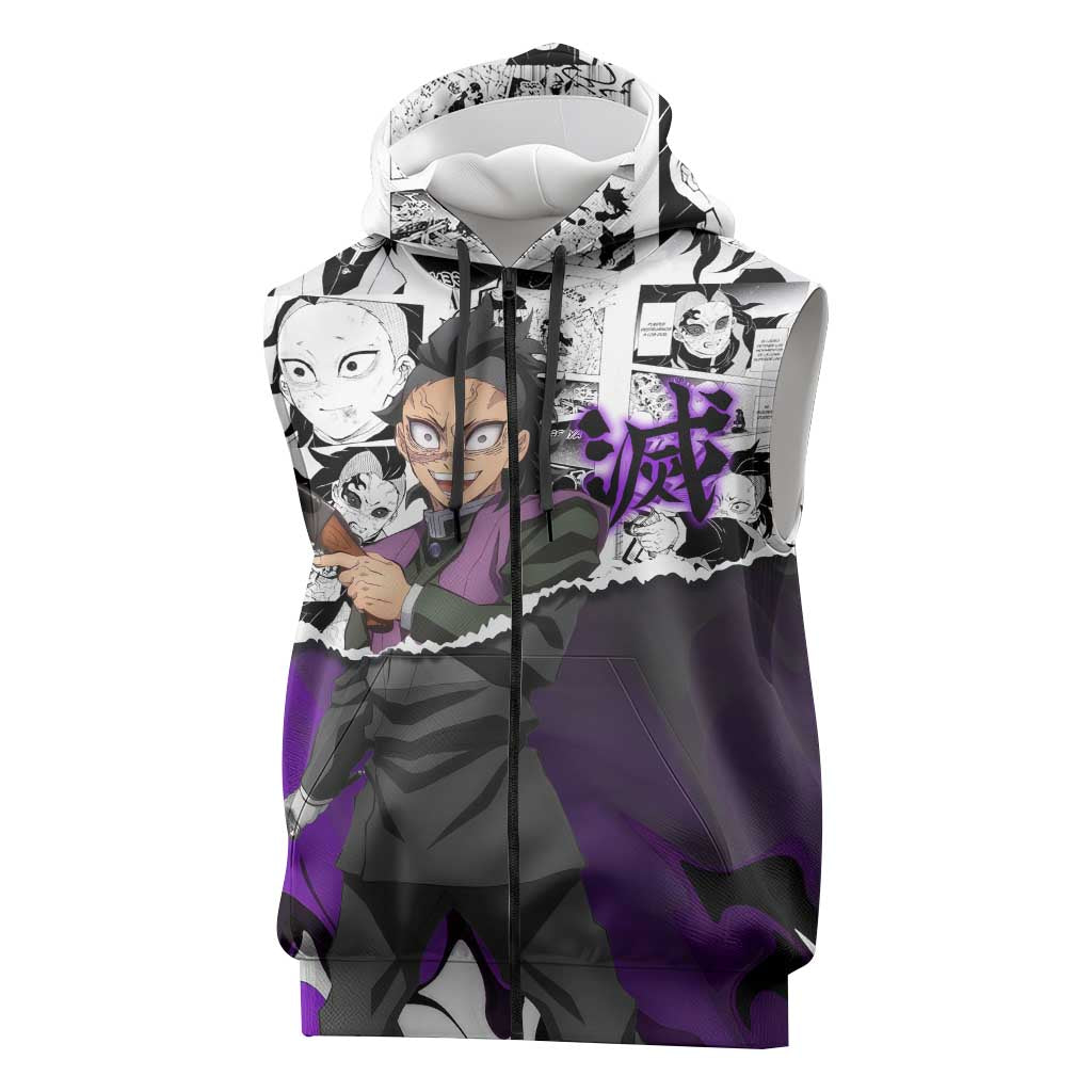 Genya Shinazugawa Demon Slayer Manga Panel Black and White Theme Sleeveless Zip Hoodie with Purple Accents and Gun Action Pose - The Mazicc